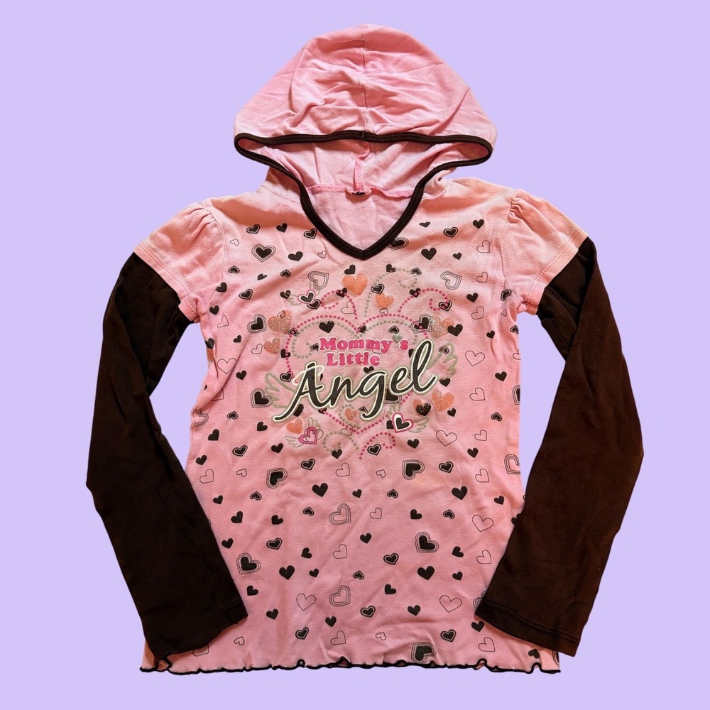 Y2K Pink Brown Layered Hoodie Mommys Little Angel Heart Graphic Top Scene #17